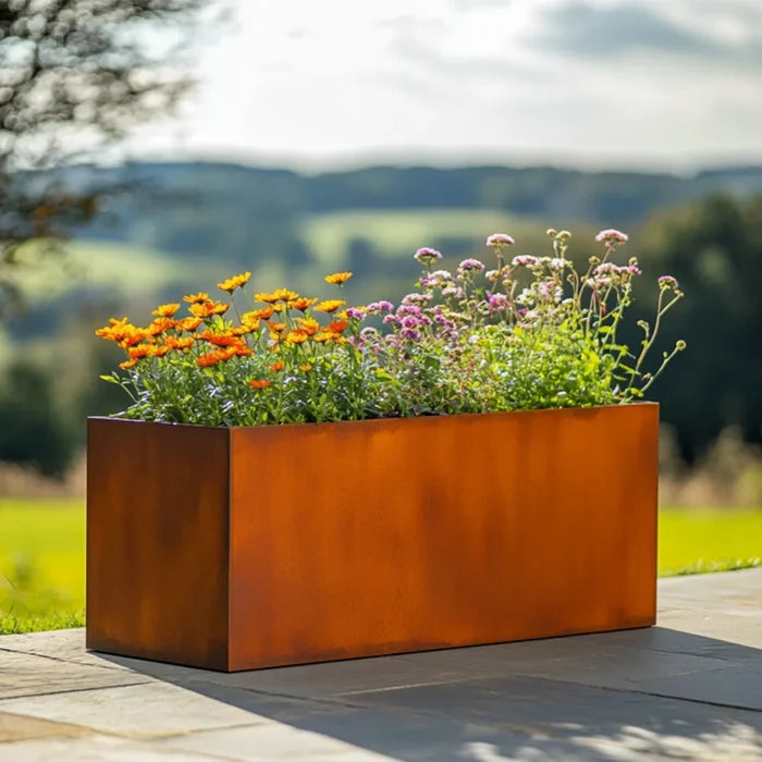 Corten steel planter on patio