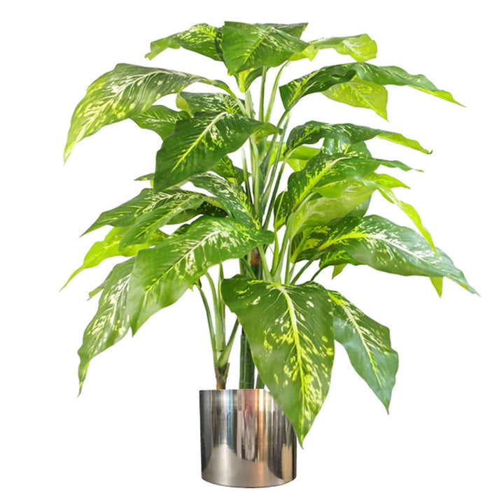 100cm Large Foxs Aglaonema (Spotted Evergreen) Tree Artificial Plant with Silver Metal Planter