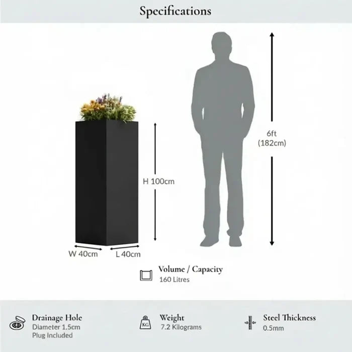 100cm Zinc Galvanised Matte Black Tall Square Planter