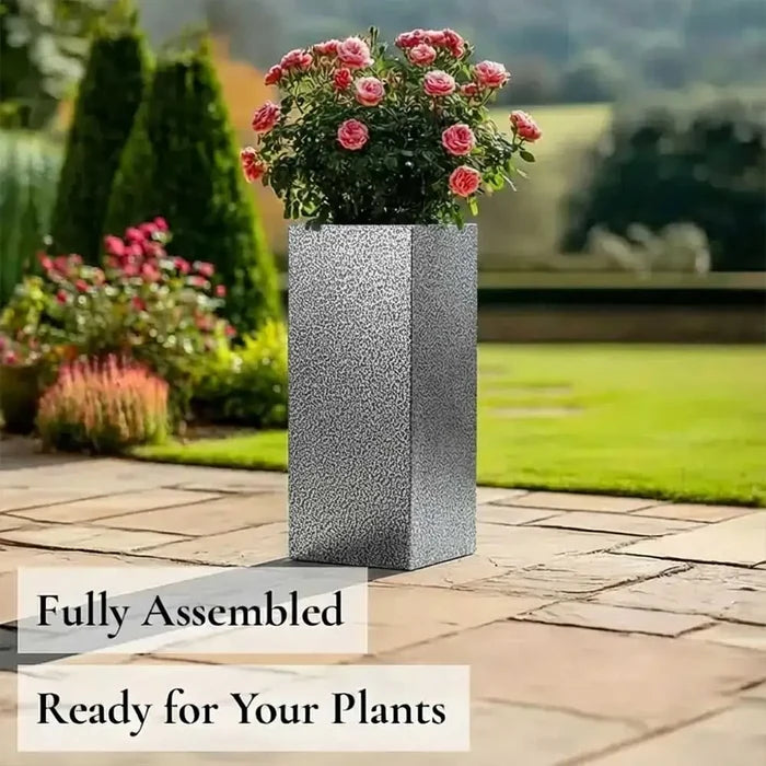 100cm Zinc Galvanised Silver & Black Textured Tall Square Planter