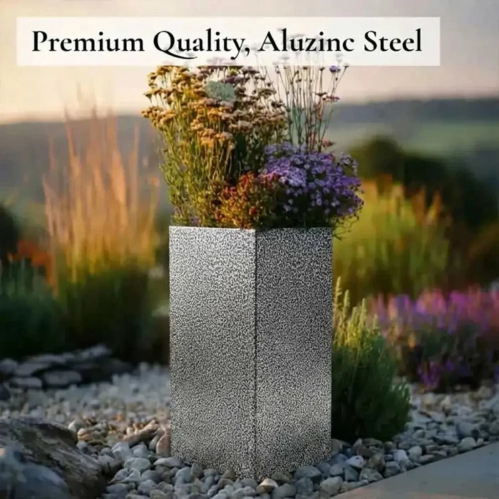 100cm Zinc Galvanised Silver & Black Textured Tall Square Planter