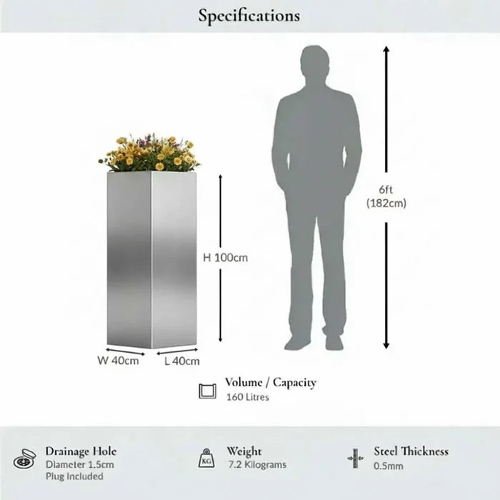 100cm Zinc Galvanised Silver Tall Square Planter