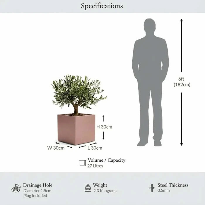 30cm Zinc Galvanised Brushed Rose Gold Finish Square Planter