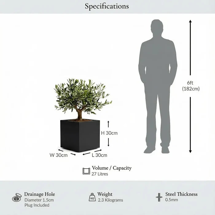 30cm Zinc Galvanised Matte Black Square Planter