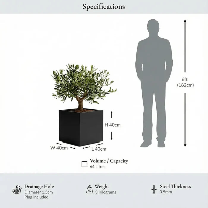 40cm Zinc Galvanised Matte Black Square Planter