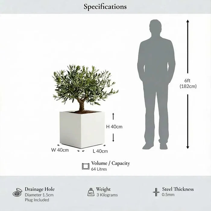 40cm Zinc Galvanised Matte White Square Planter