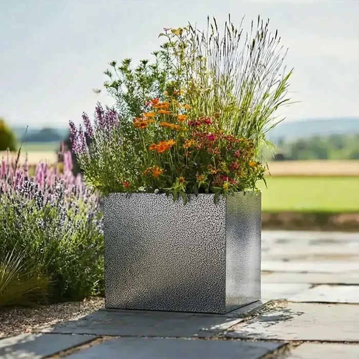 40cm Zinc Galvanised Silver & Black Textured Square Planter