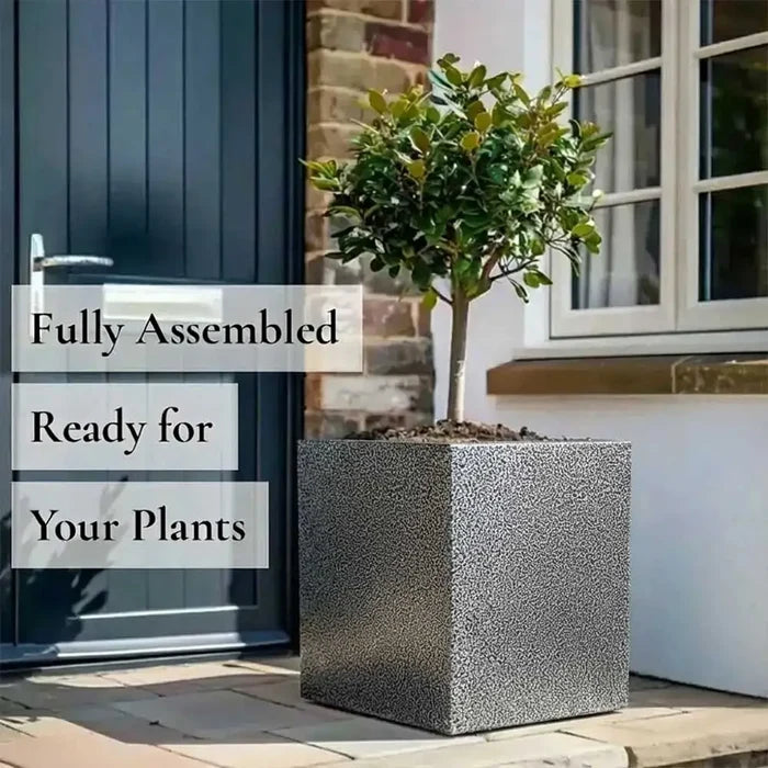 40cm Zinc Galvanised Silver & Black Textured Square Planter