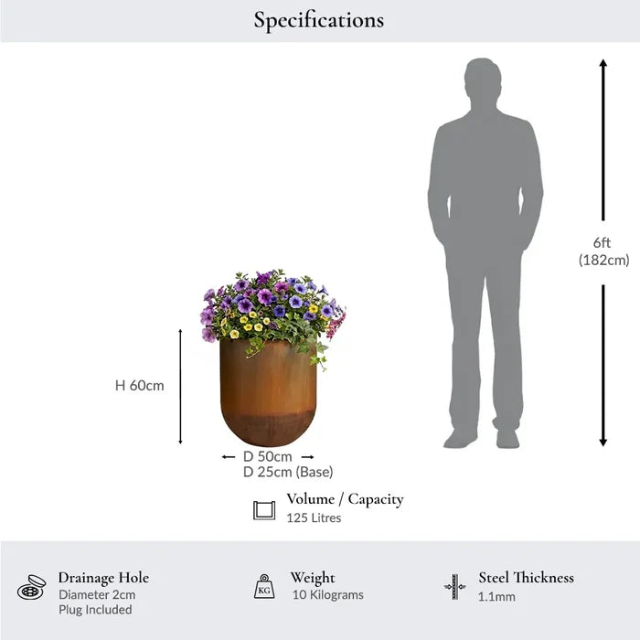50cm Corten Steel Large Cylinder Planter with Rounded Base