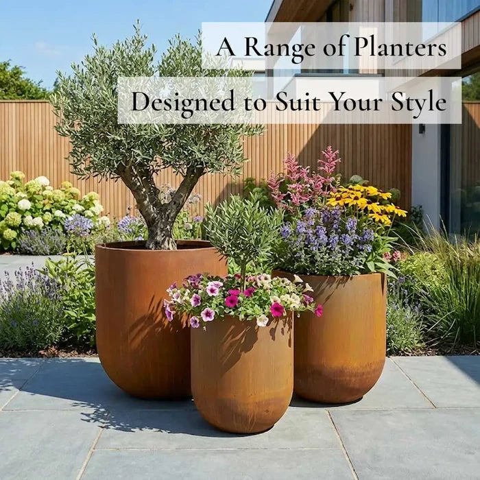 50cm Corten Steel Large Cylinder Planter with Rounded Base