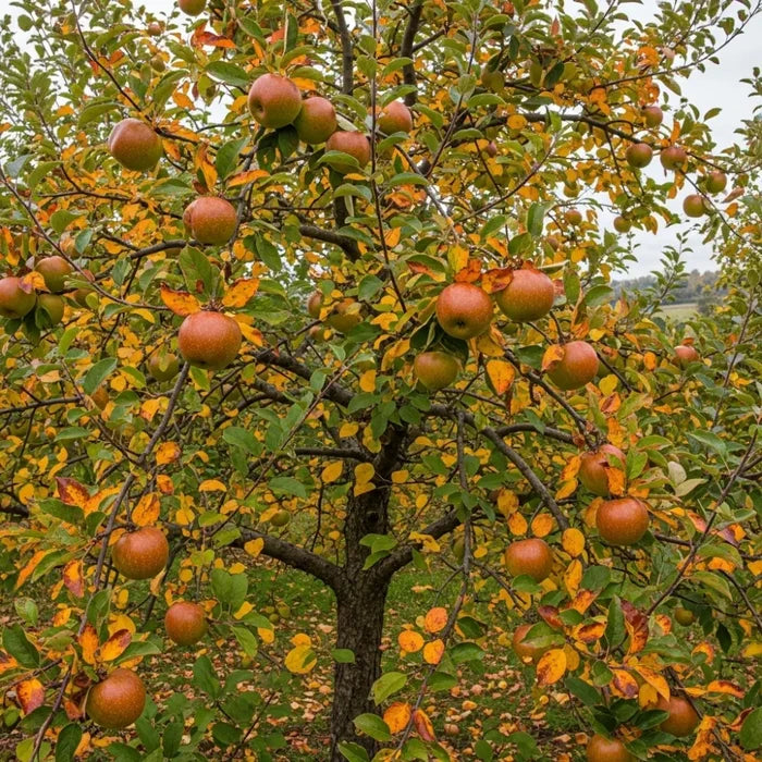 A 'Herefordshire Russet' Apple tree, laden with ripe red apples & vibrant autumn leaves, stands against a cloudy sky & grassy field.