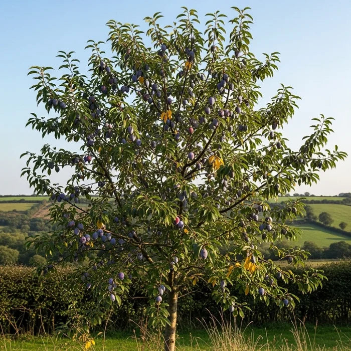 A Shropshire Prune Damson tree, laden with ripe purple fruits, set against rolling green hills and a clear blue sky, captures a serene rural landscape.