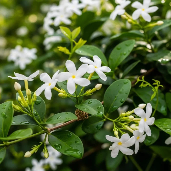 White Evergreen Star Jasmine flowers with five petals and yellow centers, surrounded by glossy green leaves, covered in dew droplets, in a lush garden setting.