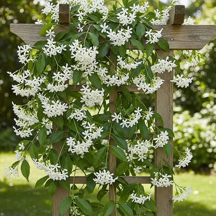 Wooden trellis adorned with lush green leaves and clusters of small, fragrant white Evergreen Star Jasmine | Trachelospermum jasminoides flowers, set against a blurred garden background.