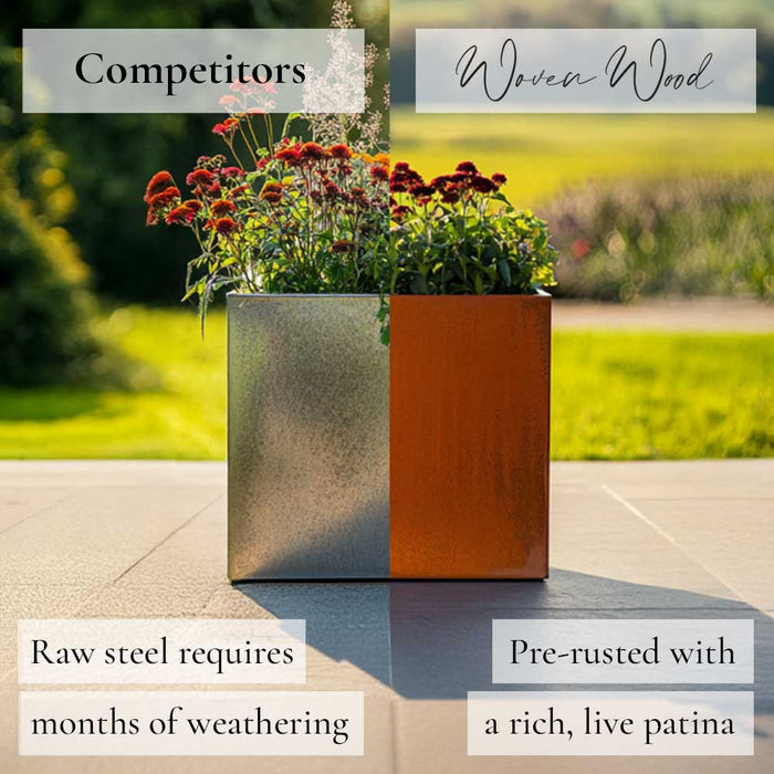 Two planters, one raw steel and one pre-rusted with a live patina, on a garden background.