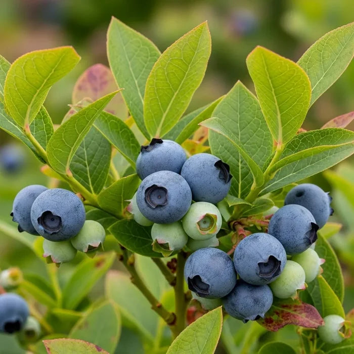 Ripe blueberries cluster on a 'Liberty' Blueberry bush branch, vibrant green leaves showcasing mature blue & unripe green berries.