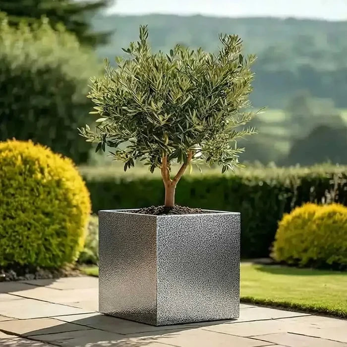 60cm Zinc Galvanised Silver & Black Textured Square Planter
