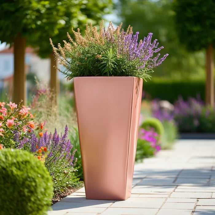 70cm Zinc Galvanised Brushed Rose Gold Finish Tall Tapered Square Planter