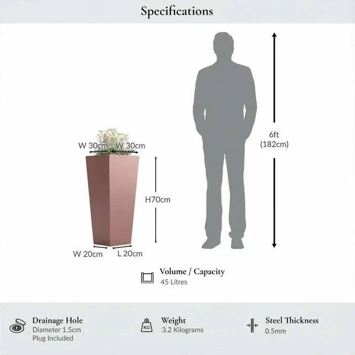 70cm Zinc Galvanised Brushed Rose Gold Finish Tall Tapered Square Planter