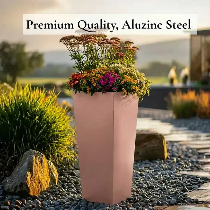 70cm Zinc Galvanised Brushed Rose Gold Finish Tall Tapered Square Planter