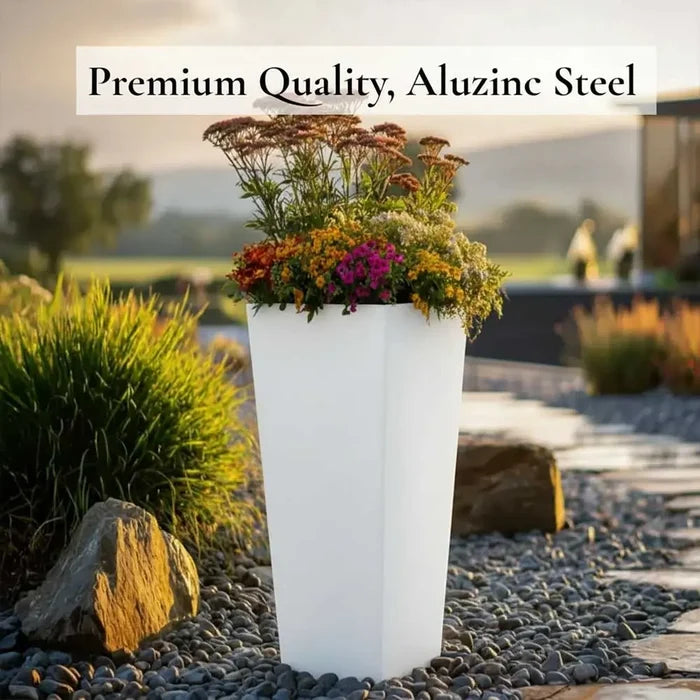70cm Zinc Galvanised Matte White Tall Tapered Square Planter