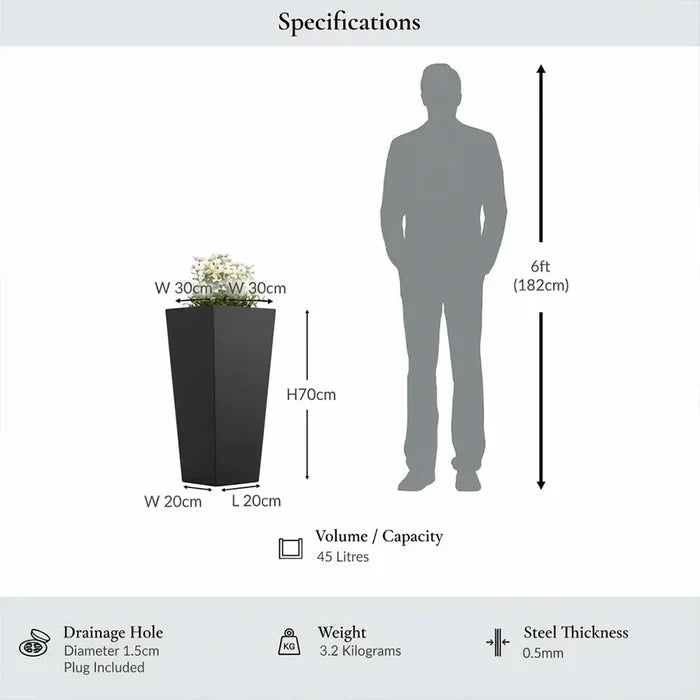 70cm Zinc Galvanised Polished Black Tall Tapered Square Planter