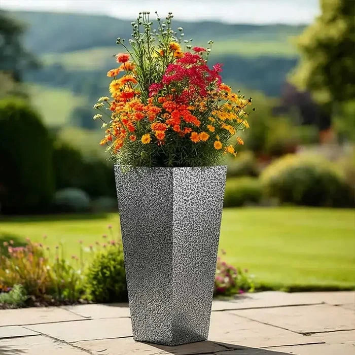 70cm Zinc Galvanised Silver & Black Textured Tall Tapered Square Planter