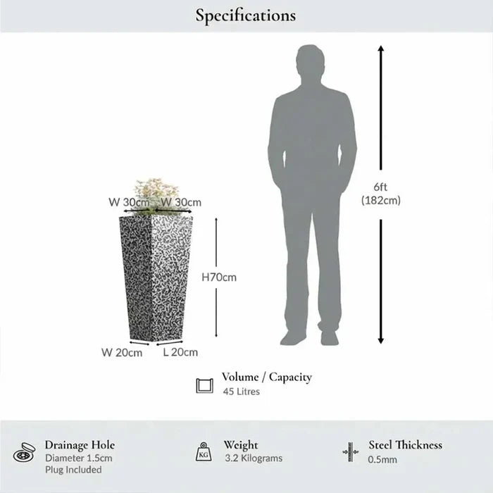 70cm Zinc Galvanised Silver & Black Textured Tall Tapered Square Planter