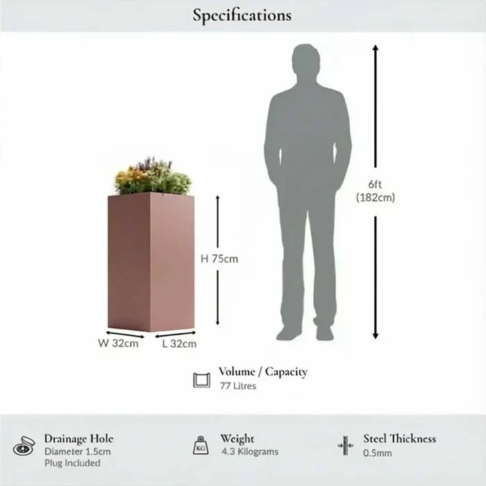 75cm Zinc Galvanised Brushed Rose Gold Copper Finish Tall Square Planter