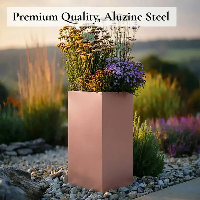 75cm Zinc Galvanised Brushed Rose Gold Copper Finish Tall Square Planter