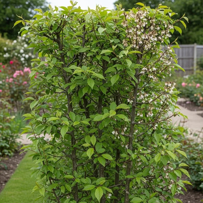Tall, dense Cherry Plum (Prunus cerasifera) hedging with small white flowers, set in a landscaped garden with a path and colorful flower beds.