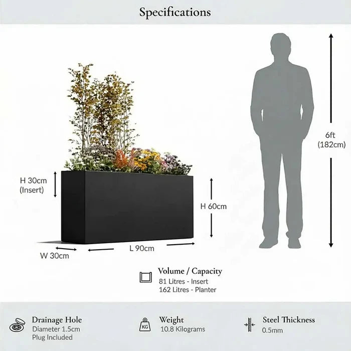 90cm Long Zinc Galvanised Polished Black 60cm Tall Trough Planter