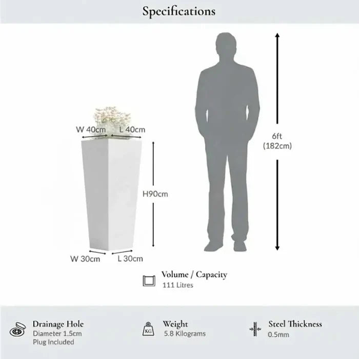 90cm Zinc Galvanised Matte White Tall Tapered Square Planter