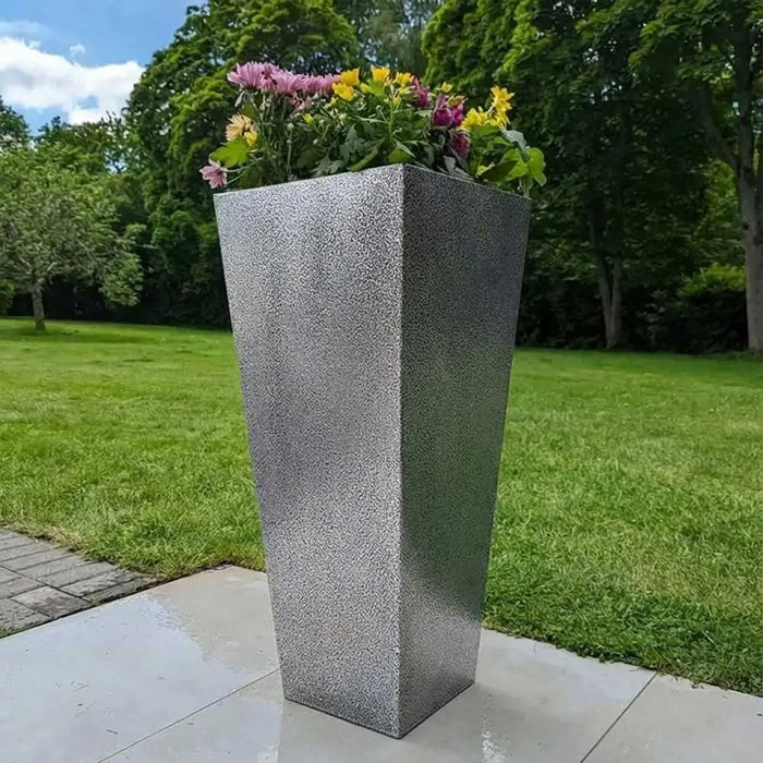 90cm Zinc Galvanised Silver & Black Textured Tall Tapered Square Planter