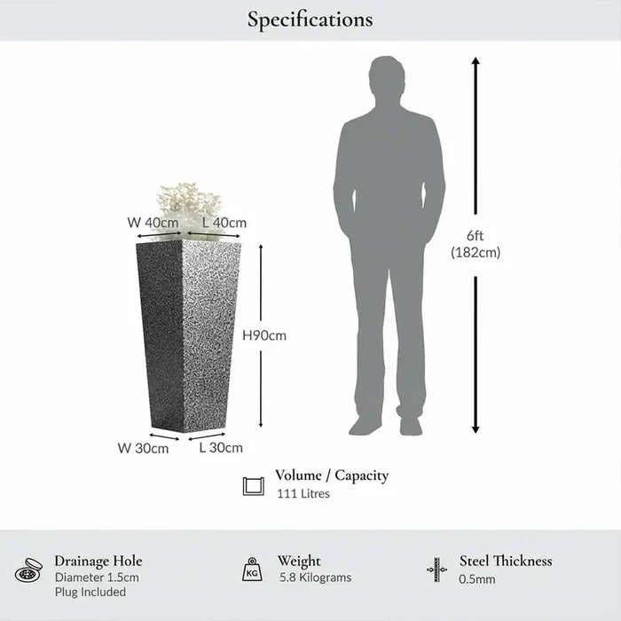 90cm Zinc Galvanised Silver & Black Textured Tall Tapered Square Planter