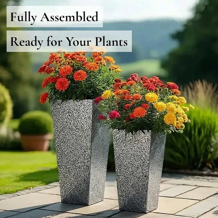 90cm Zinc Galvanised Silver & Black Textured Tall Tapered Square Planter