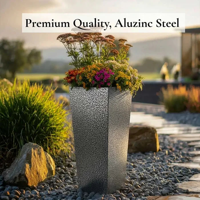 90cm Zinc Galvanised Silver & Black Textured Tall Tapered Square Planter