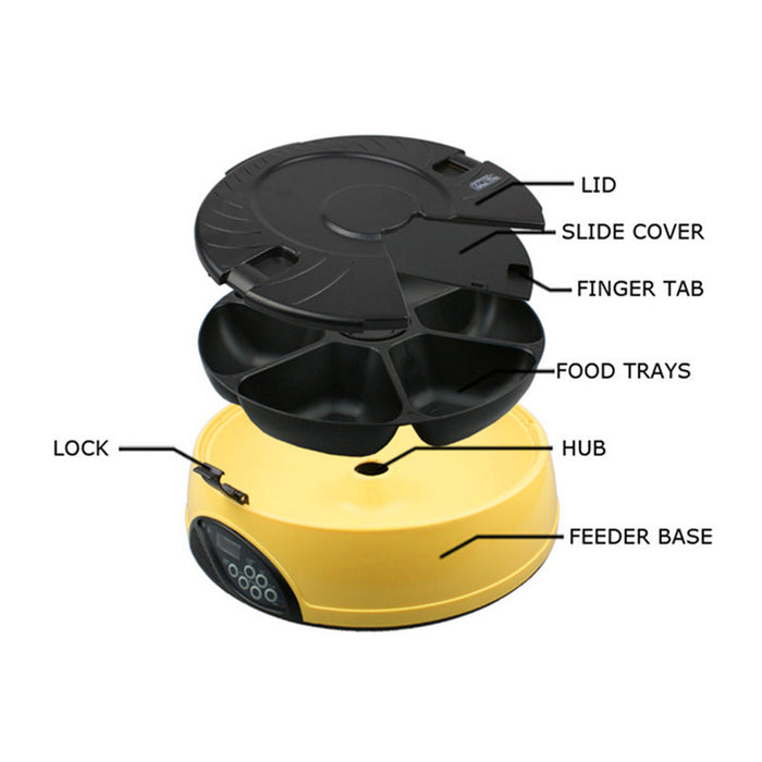 Automatic pet feeder with six timed compartments for scheduled meals