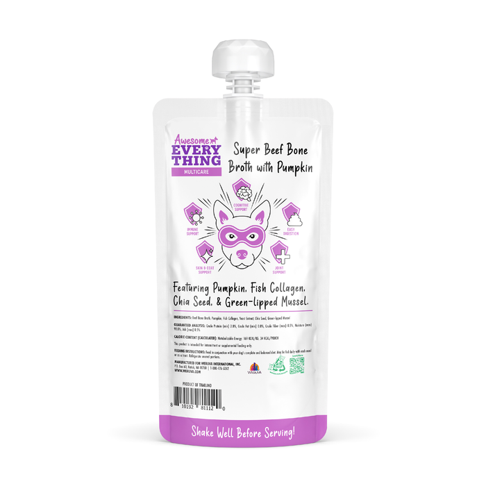 A white squeeze pouch labeled Awesome Everything Super Beef Bone Broth by Awesome Functions features a purple superhero dog and lists pumpkin, fish collagen, chia seed, and green-lipped mussel for whole body wellness. Shake Well Before Serving!.