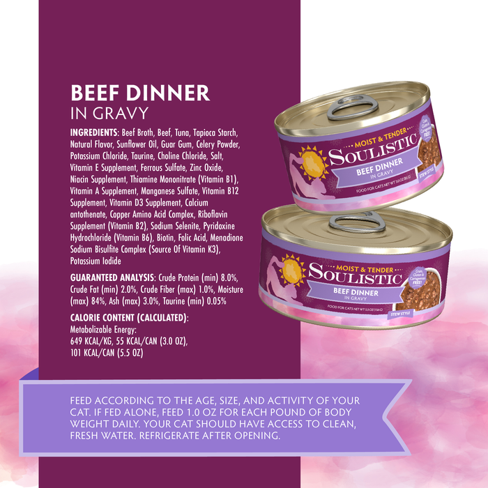 Two cans of Soulistic Beef Dinner in Gravy cat food are shown with ingredient and nutritional details, feeding guidelines, and a purple background accented by pink watercolor. This recipe features deboned beef for high-quality protein.