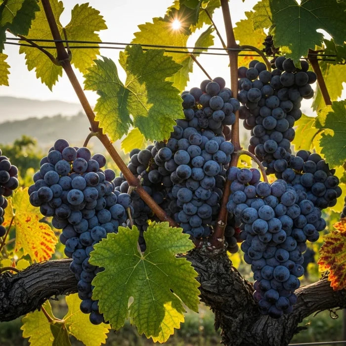 Clusters of ripe purple grapes from the British Winemaking Grape Vines Collection, with vibrant green leaves, in a sunlit vineyard.