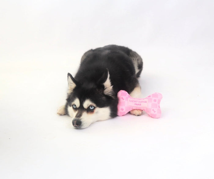Checker Chewy Vuiton Dog Bone Toy - Pink - Designer Toys from Haute Diggity Dog at DoggyTopia
