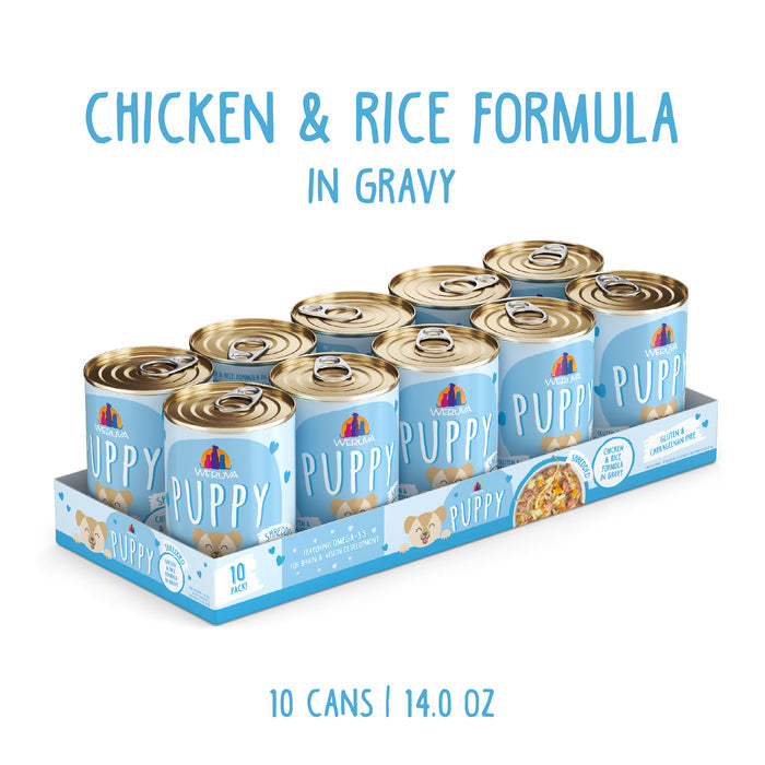 A 10-pack tray of Weruva Chicken & Rice Formula in Gravy for puppies, each 14 oz can in blue packaging labeled "Puppy"—rich in omega-3 for healthy growth and development. Features cute puppy and meal bowl images.