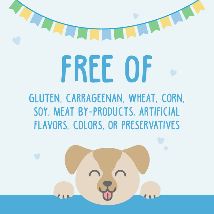 A poster featuring a dog and bunting, showcasing Weruva Chicken & Rice Formula in Gravy for puppies, highlighting its omega-3 nutritional benefits.