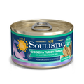 Soulistic Chicken & Turkey Dinner in a Hydrating Purée cat food features boneless chicken for optimal nutrition, a gold lid, colorful label with cat silhouette, and highlights its grain, gluten, and starch-free recipe.