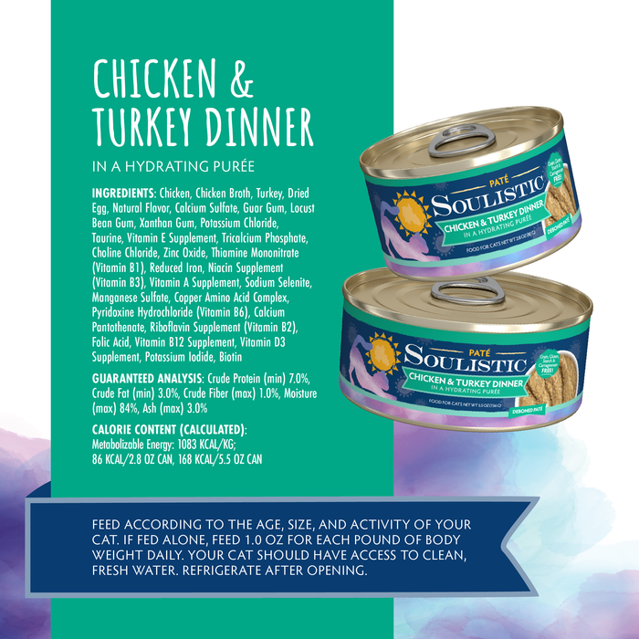 Two cans of Soulistic Chicken & Turkey Dinner in a Hydrating Purée, shown on a blue and green background with cat nutrition facts and a feeding guide in a blue box at the bottom.