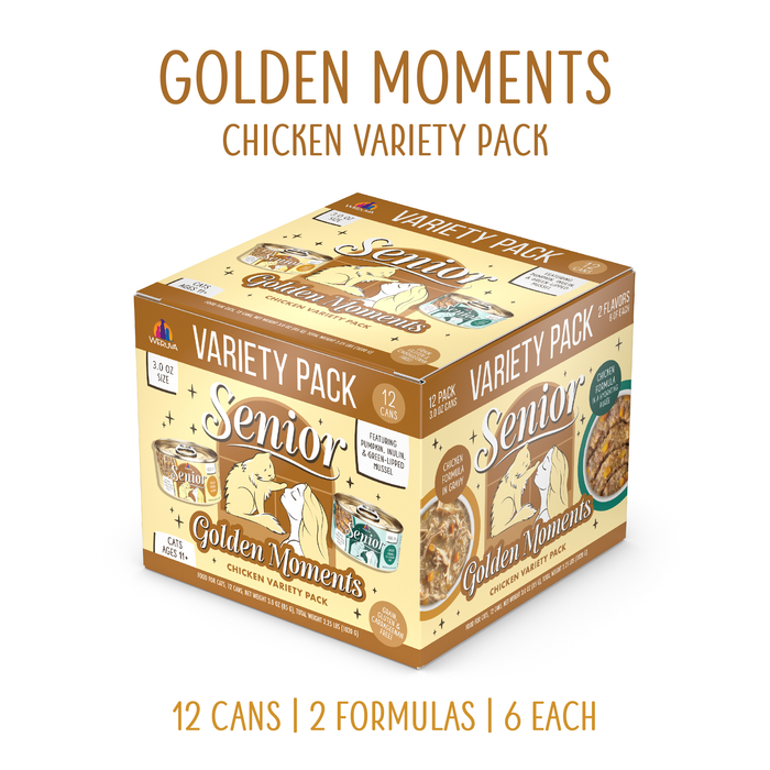 Weruva’s Golden Moments Variety Pack offers 12 cans (2 formulas, 6 each) of premium senior cat food in a gold and beige box, highlighting chicken breast recipes to support joint health for older cats.