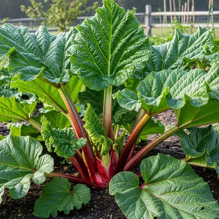 Lush 'Goliath' Rhubarb Plant with large leaves & vibrant red stalks growing in a garden, surrounded by soil & other vegetation.