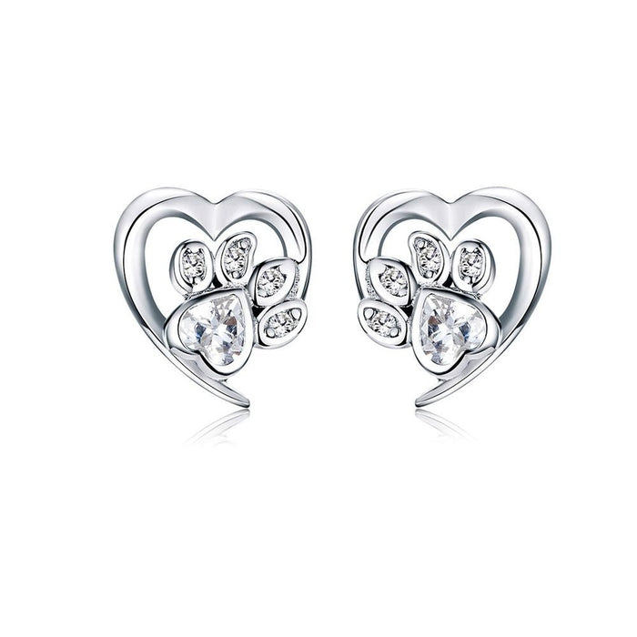 Love Heart Paw Sterling Silver Stud Earrings - Clear - Earrings from . at DoggyTopia