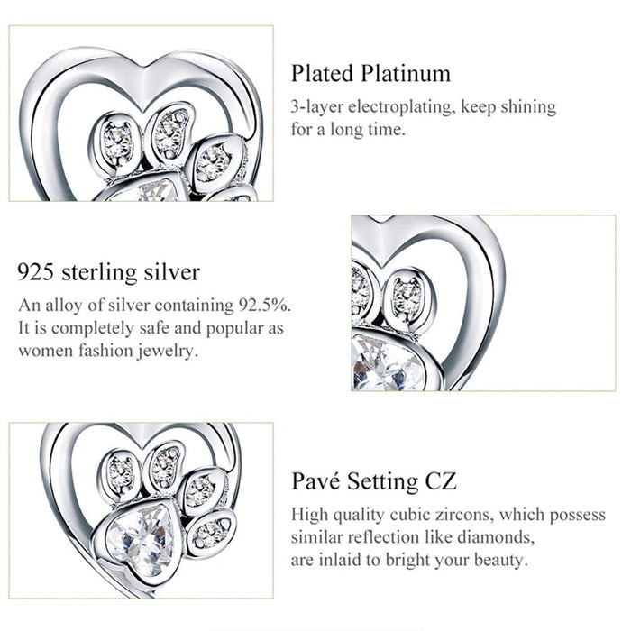 Love Heart Paw Sterling Silver Stud Earrings - Clear - Earrings from . at DoggyTopia